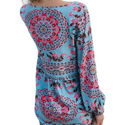 Blusa con escote en V, borlas y lazo con estampado bohemio azul