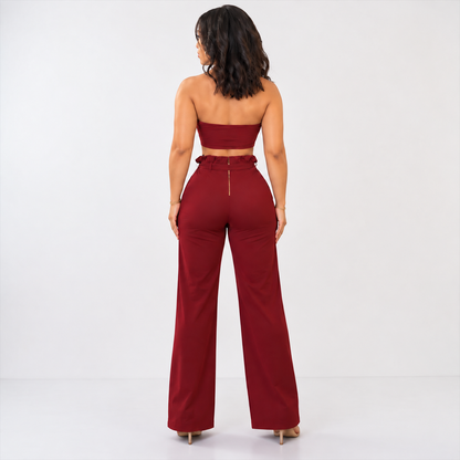 Burgundy Strapless Two-Piece Pant Set