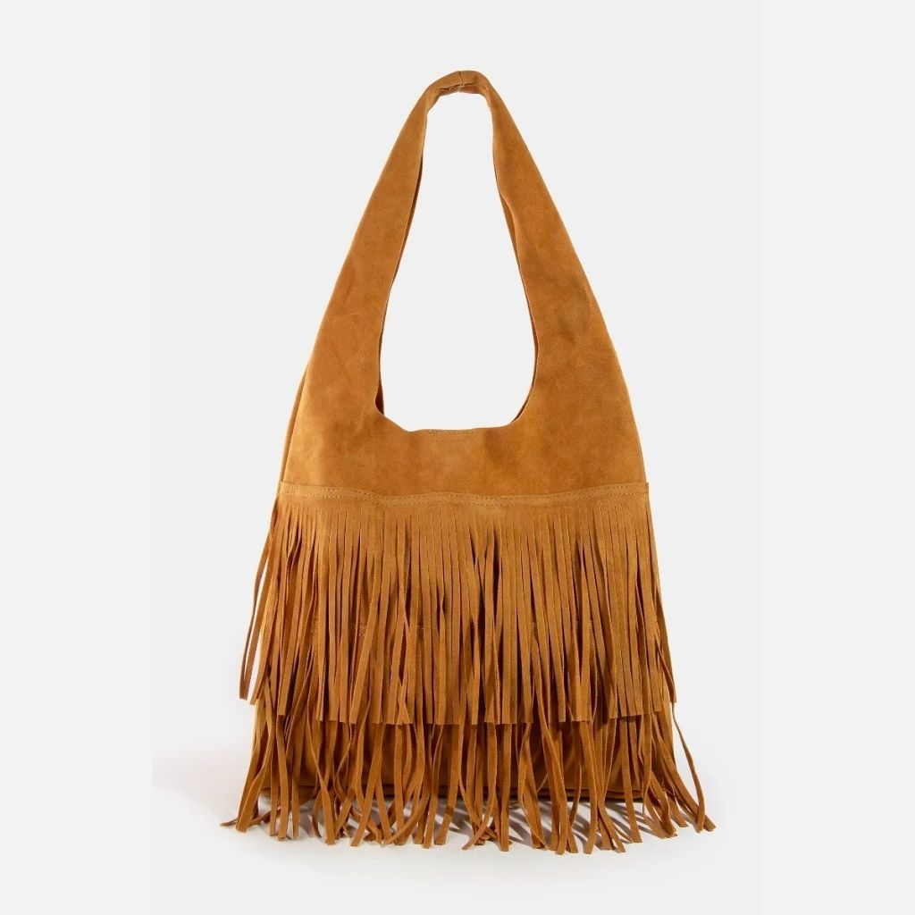 Layered Fringe Detail Suede Hobo Bag