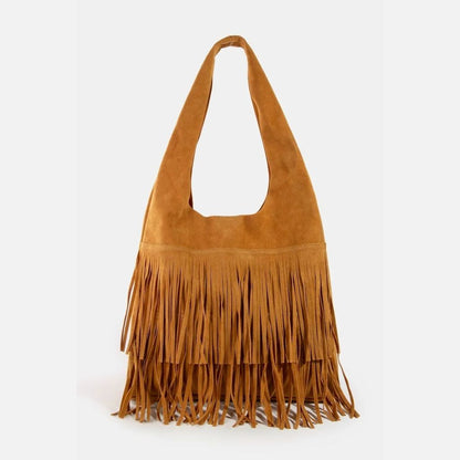 Layered Fringe Detail Suede Hobo Bag