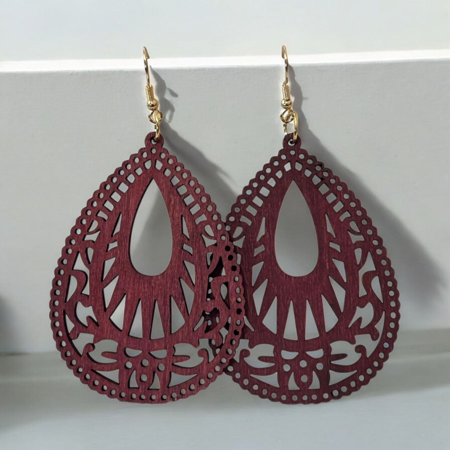 Wood Burgundy Hollow Out Drop Earrings