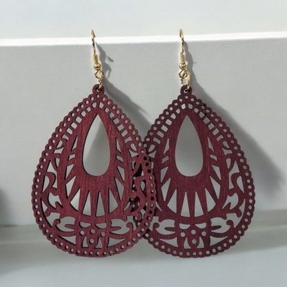 Wood Burgundy Hollow Out Drop Earrings