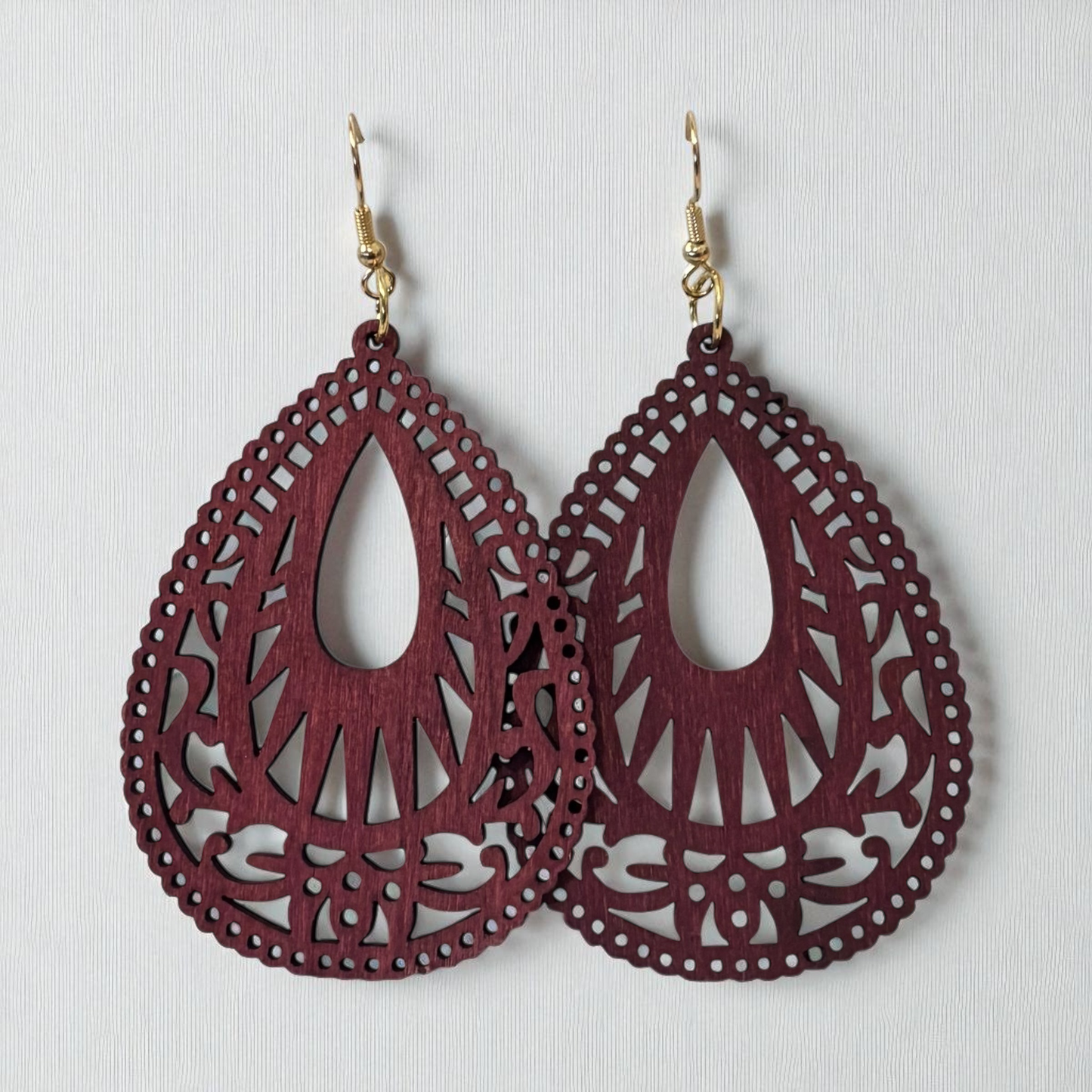 Wood Burgundy Hollow Out Drop Earrings