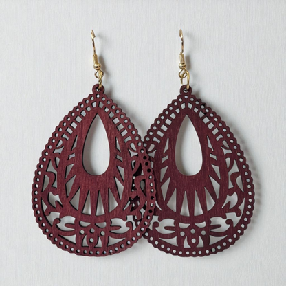Wood Burgundy Hollow Out Drop Earrings