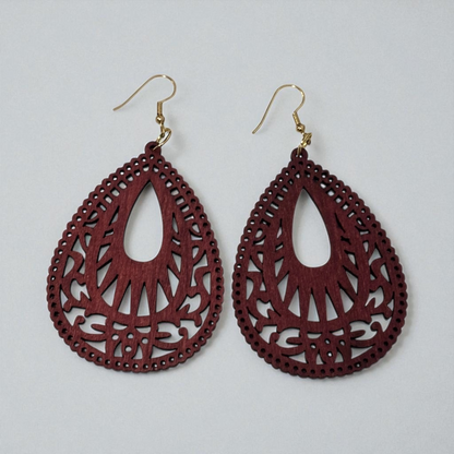 Wood Burgundy Hollow Out Drop Earrings
