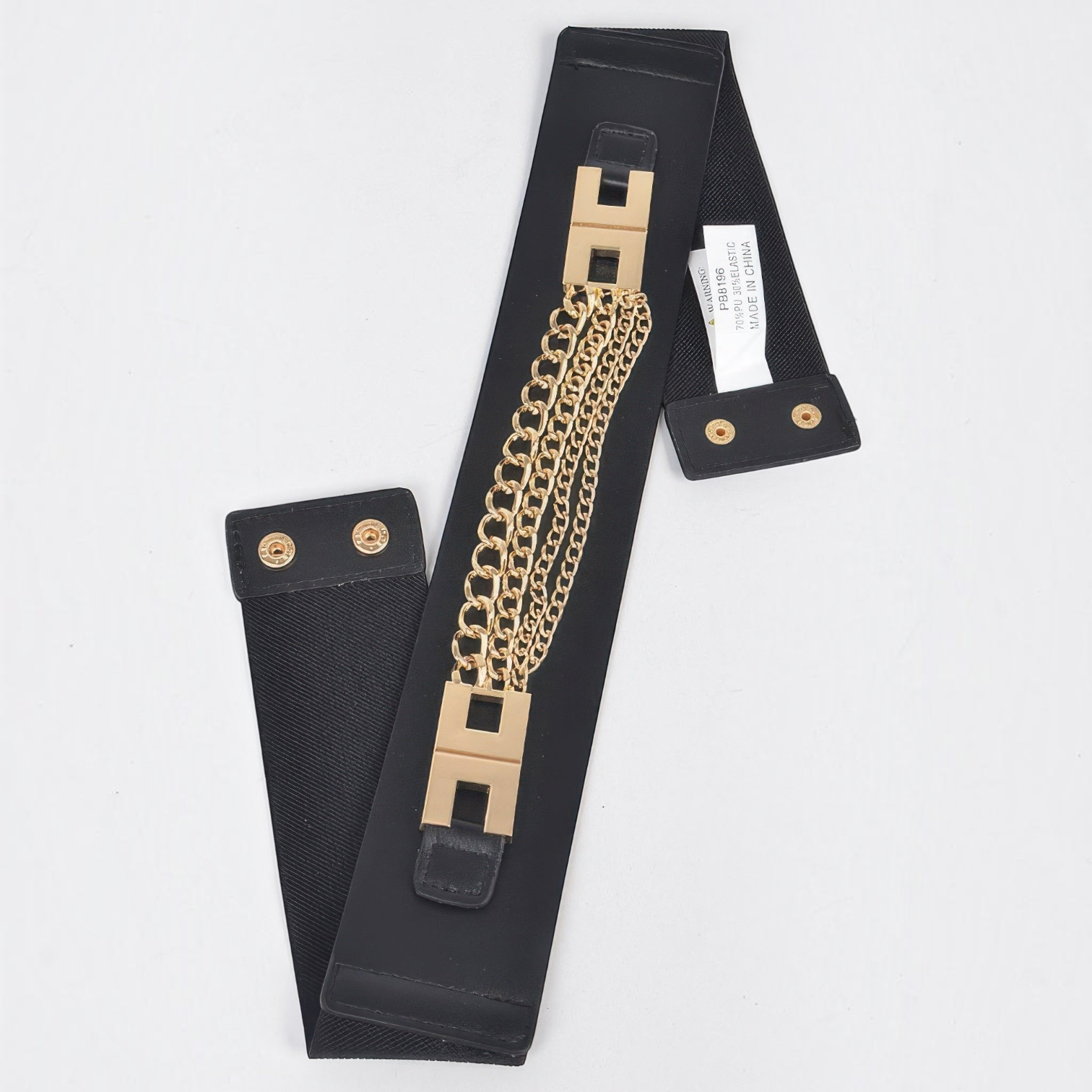 Omayra Boutique black elastic waist belt featuring a multi-layered gold chain design and gold-tone metal hardware.