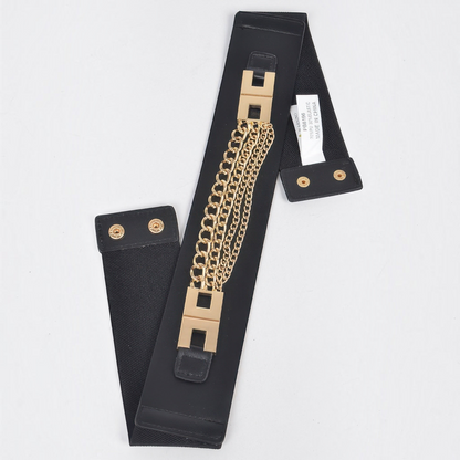 Omayra Boutique black elastic waist belt featuring a multi-layered gold chain design and gold-tone metal hardware.