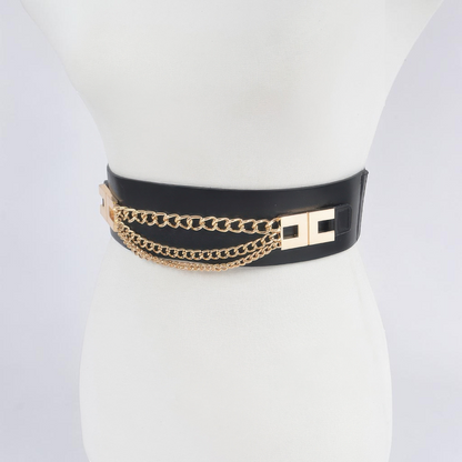 Omayra Boutique black elastic waist belt featuring gold multi-layered chain details and a metallic clasp closure.