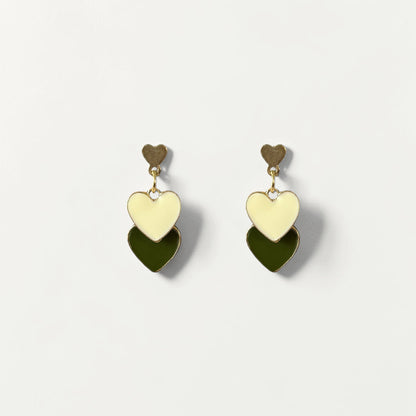 Omayra Boutique double heart earrings in cream and dark green enamel with gold-tone zinc alloy hardware