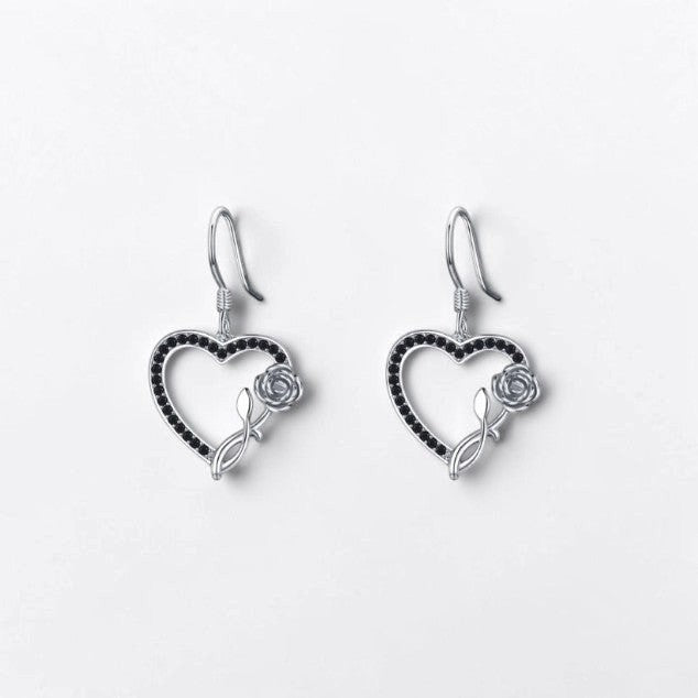 Omayra Boutique sterling silver heart drop earrings with black spinel stones and a delicate rose inlay design.