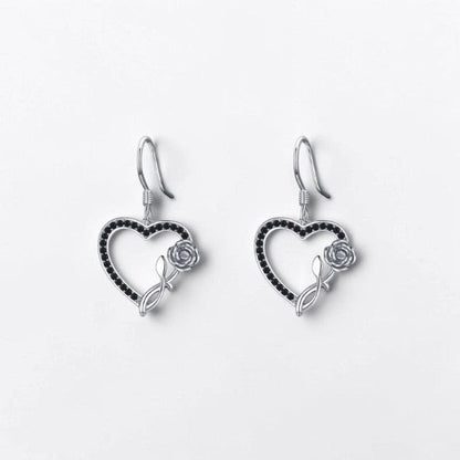 Omayra Boutique sterling silver heart drop earrings with black spinel stones and a delicate rose inlay design.