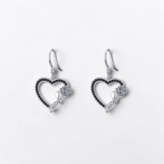 Omayra Boutique sterling silver heart drop earrings with black spinel stones and a delicate rose inlay design.