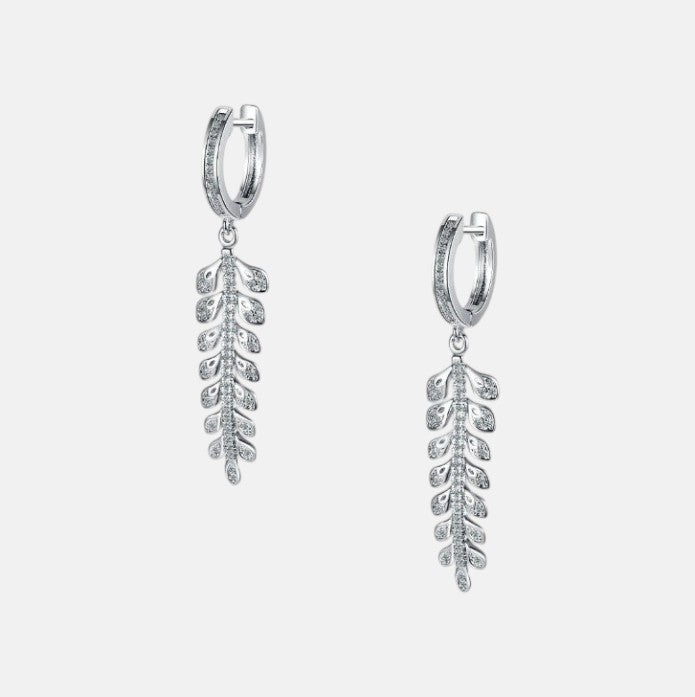 Omayra Boutique silver leaf drop circle earrings with cubic zirconia accents.