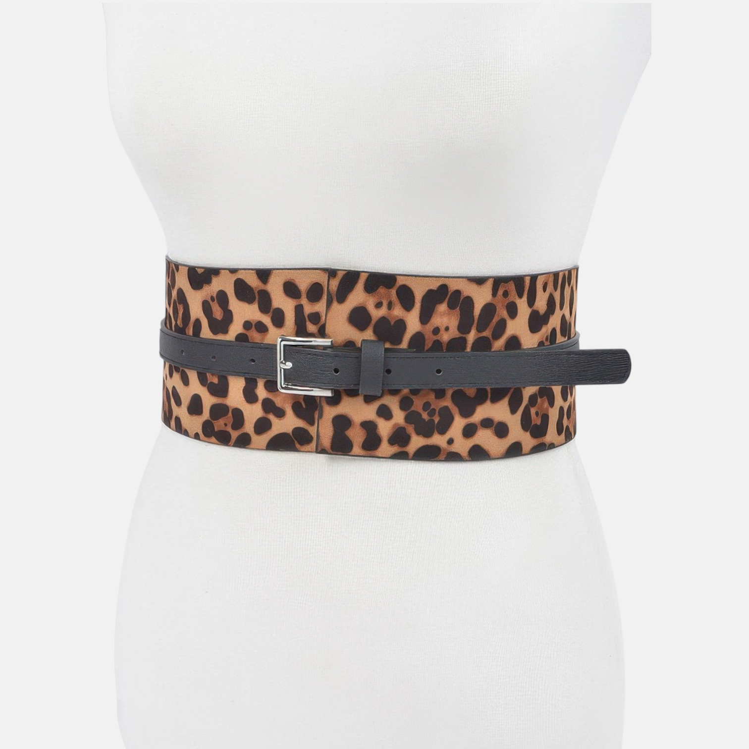 Omayra Boutique leopard print corset waist belt with a black strap and silver buckle on a white mannequin
