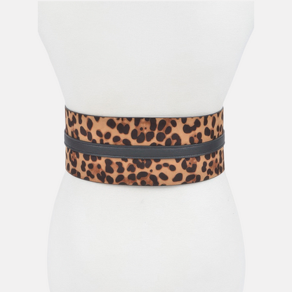 Omayra Boutique leopard print corset waist belt in PU leather on a mannequin torso