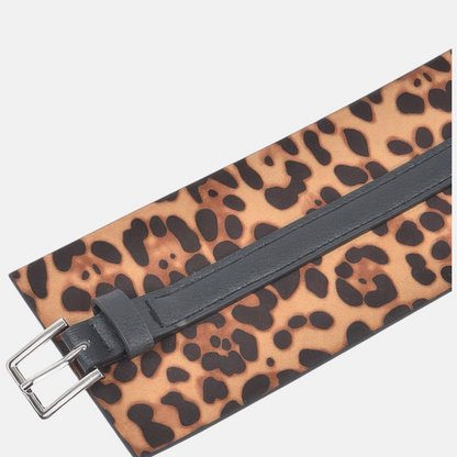 Omayra Boutique leopard print corset waist belt in PU leather with a black strap and silver buckle detail