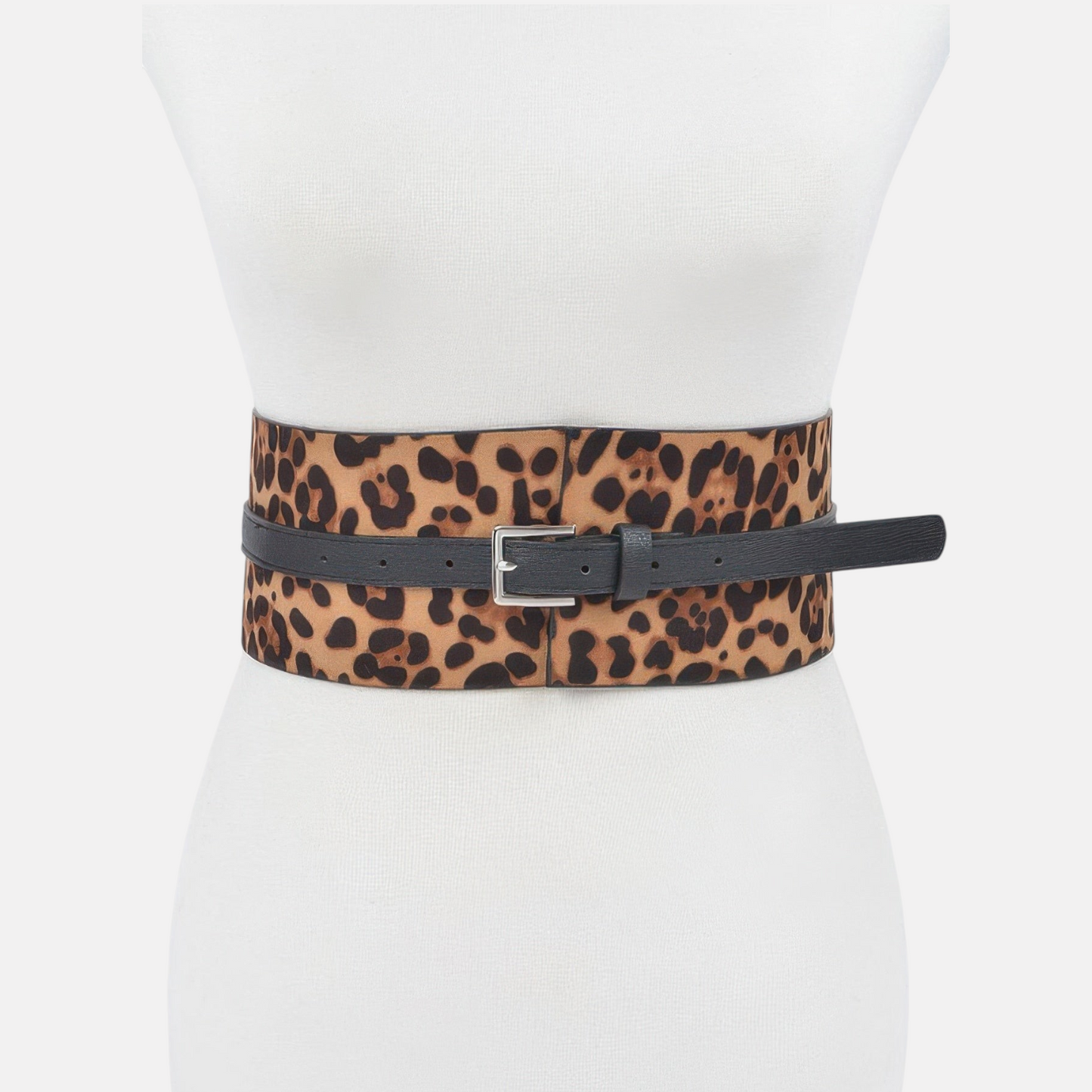 Omayra Boutique leopard print corset waist belt with a black strap and silver buckle on a mannequin torso