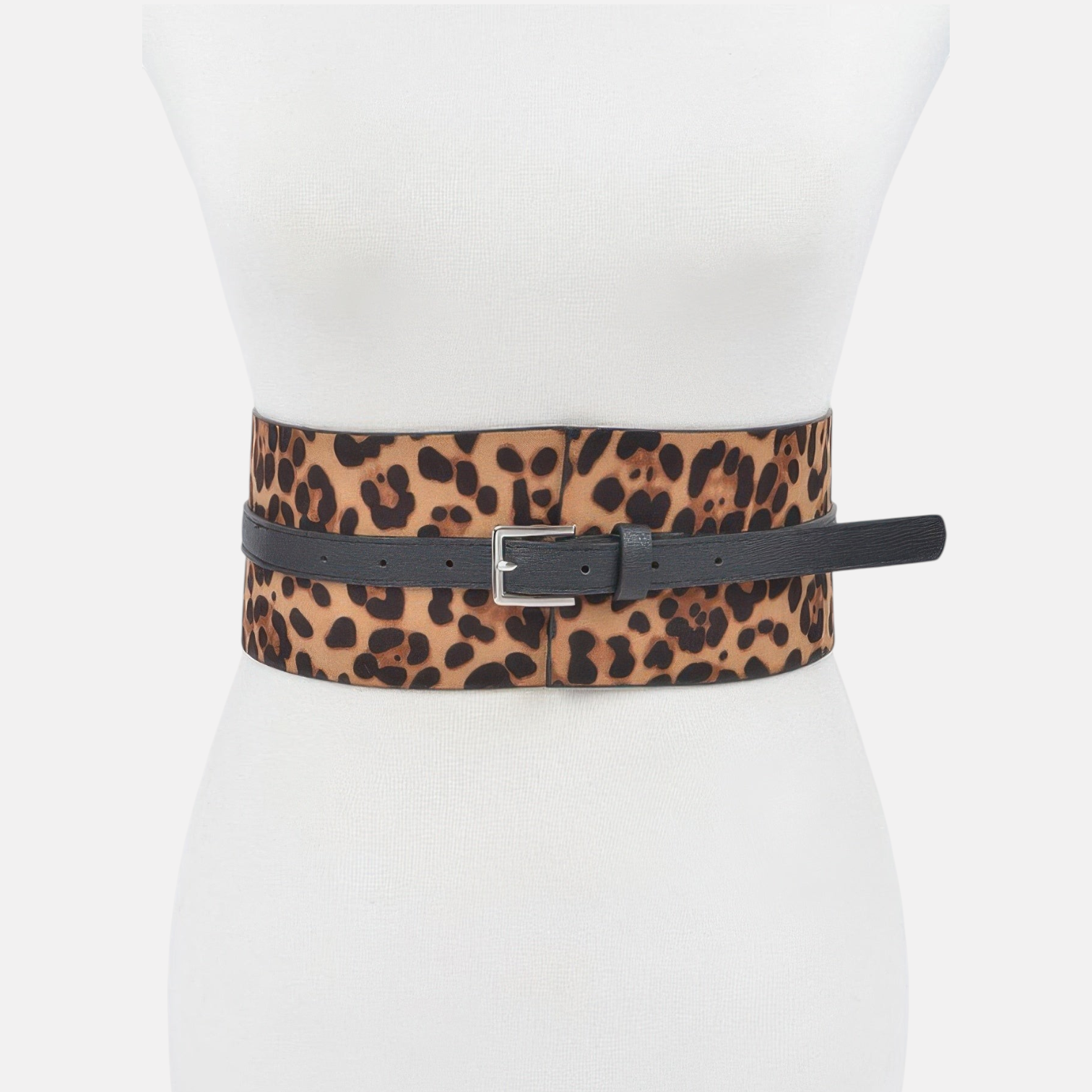Omayra Boutique leopard print corset waist belt with a black strap and silver buckle on a mannequin torso