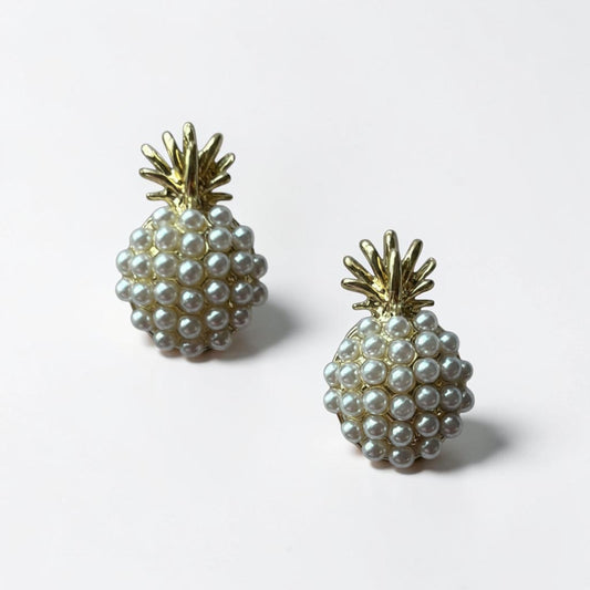Omayra Boutique pineapple stud earrings featuring white simulated pearls and gold-tone zinc alloy details.