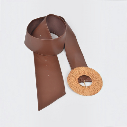 Omayra Boutique plus size brown polyurethane belt with a round woven bamboo-style buckle for versatile styling.