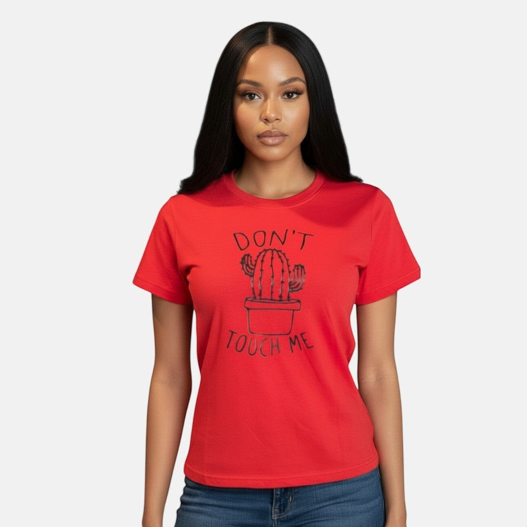 Omayra Boutique red 100% cotton t-shirt with a black cactus print and text "DON'T TOUCH ME".