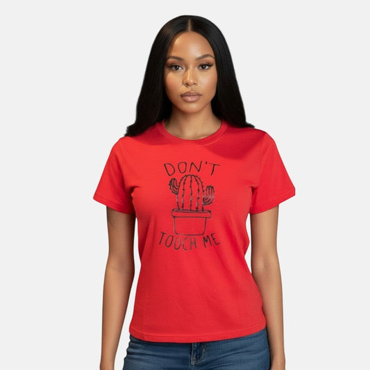 Omayra Boutique red 100% cotton t-shirt with a black cactus print and text "DON'T TOUCH ME".