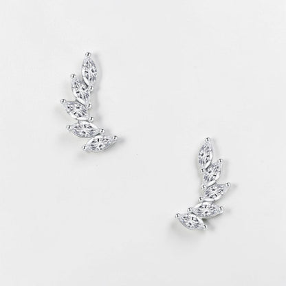 Omayra Boutique 925 sterling silver wing feather earrings featuring marquise-cut clear stones in a curved climber style.