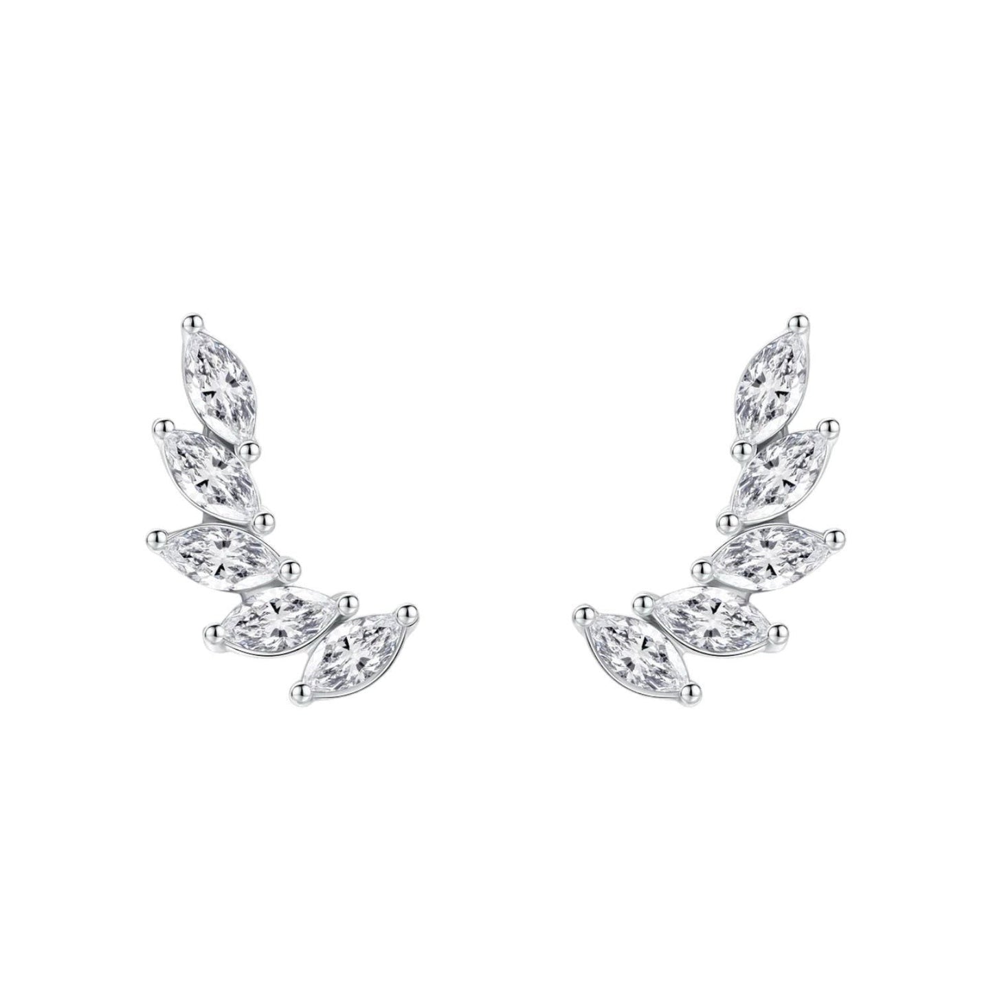 Omayra Boutique 925 sterling silver wing feather earrings with marquise-cut clear crystals in a curved climber design.