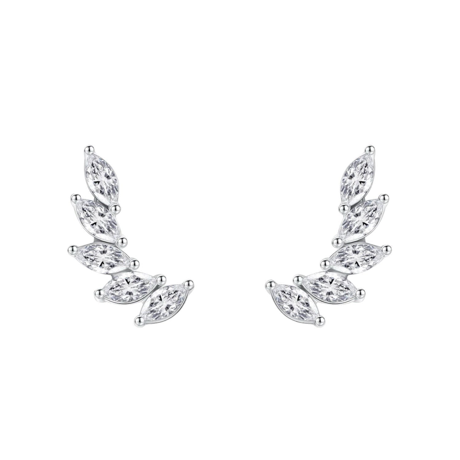 Omayra Boutique 925 sterling silver wing feather earrings with marquise-cut clear crystals in a curved climber design.