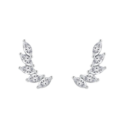 Omayra Boutique 925 sterling silver wing feather earrings with marquise-cut clear crystals in a curved climber design.