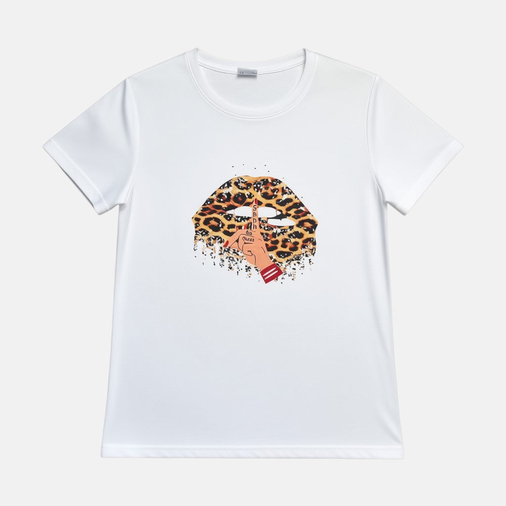 Omayra Boutique white t-shirt featuring a leopard print lips graphic with a hushing hand gesture and text.