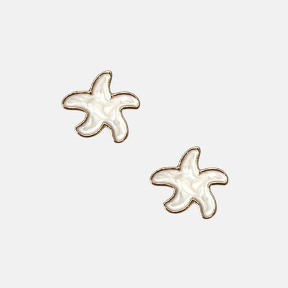 Omayra Boutique small white starfish stud earrings with gold trim, 1/2-inch, coastal bohemian style.