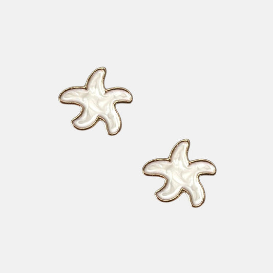 Omayra Boutique small white starfish stud earrings with gold trim, 1/2-inch, coastal bohemian style.