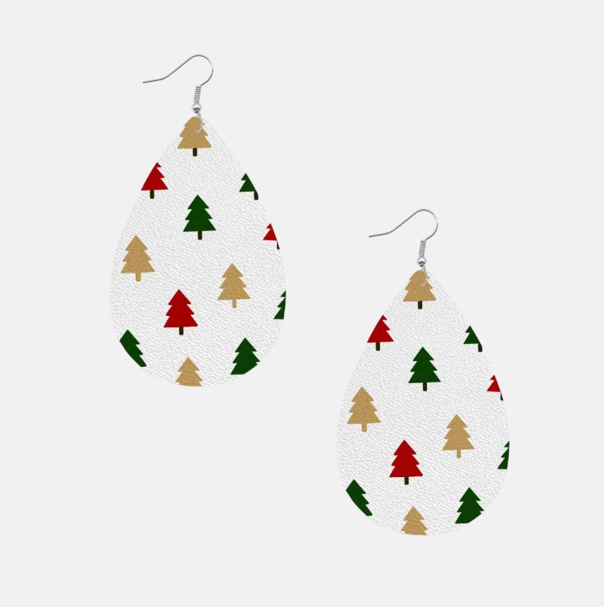 Omayra Boutique teardrop earrings with a white background and a repeating pattern of red, green, and gold Christmas trees.