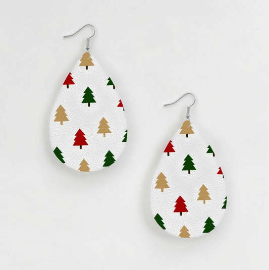 Omayra Boutique teardrop earrings with a white background and a repeating pattern of red, green, and gold Christmas trees.