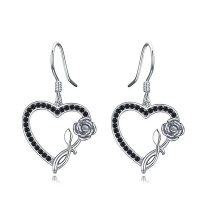 Omayra Boutique sterling silver heart drop earrings with black spinel stones and rose inlay.
