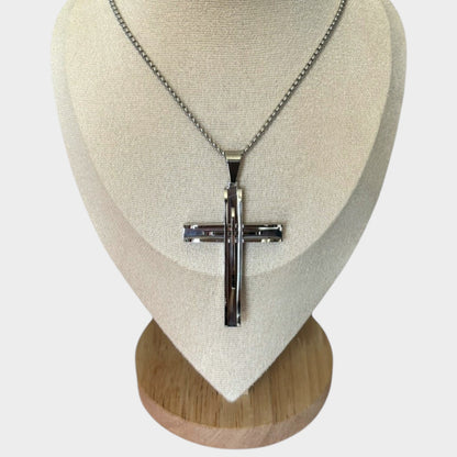 Omayra Boutique Men's silver stainless steel cross pendant necklace with a sleek design and 23-inch chain.