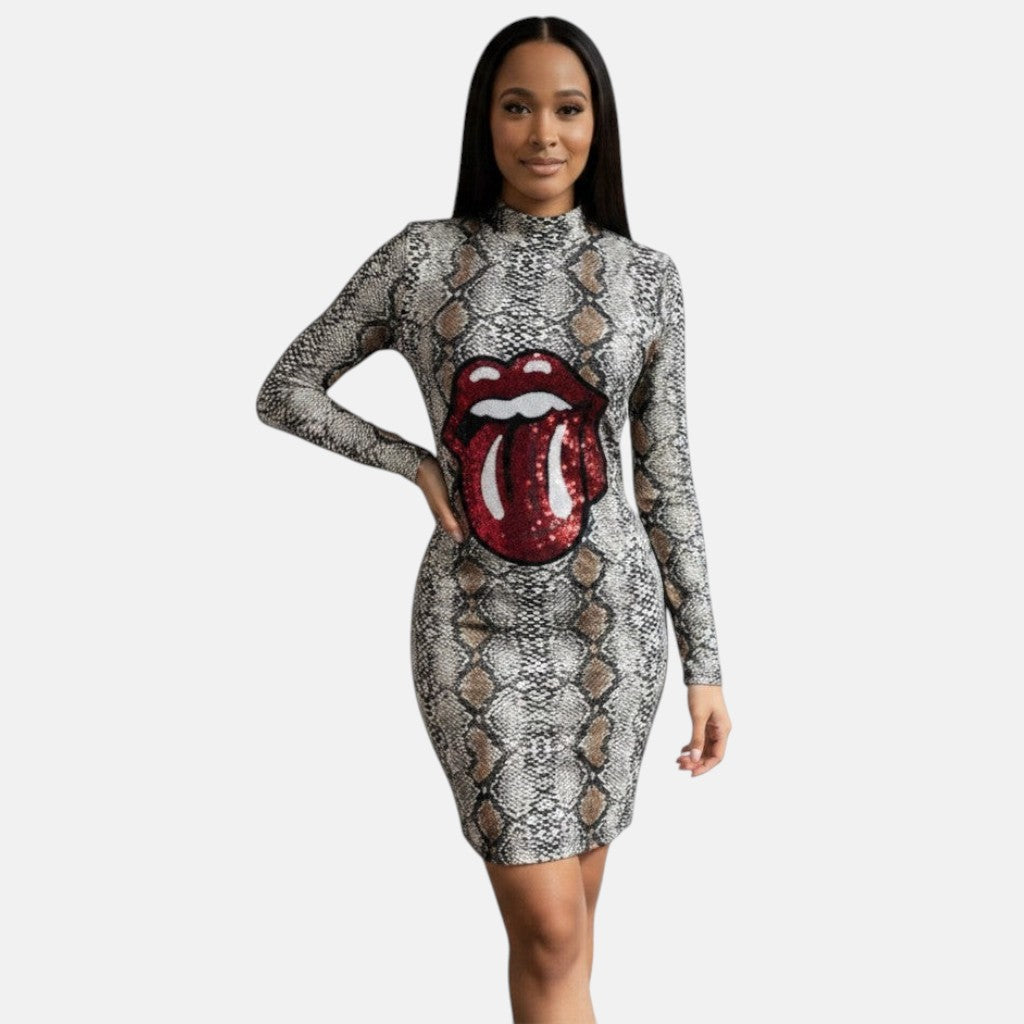 Omayra Boutique snake print sheath dress with red sequin lips and tongue graphic, long sleeves, mock neck.