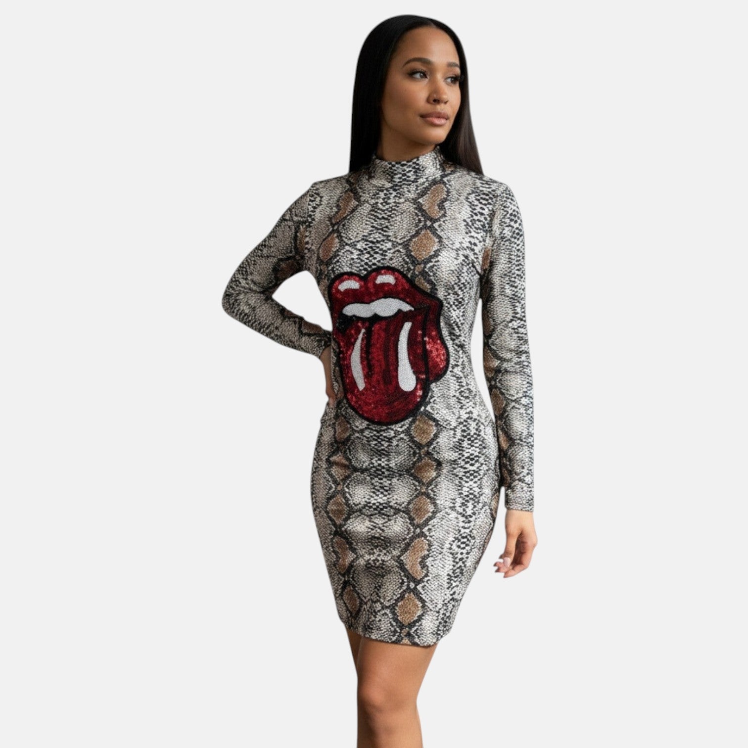 Omayra Boutique snake print sheath dress with red sequin lips graphic and long sleeves.
