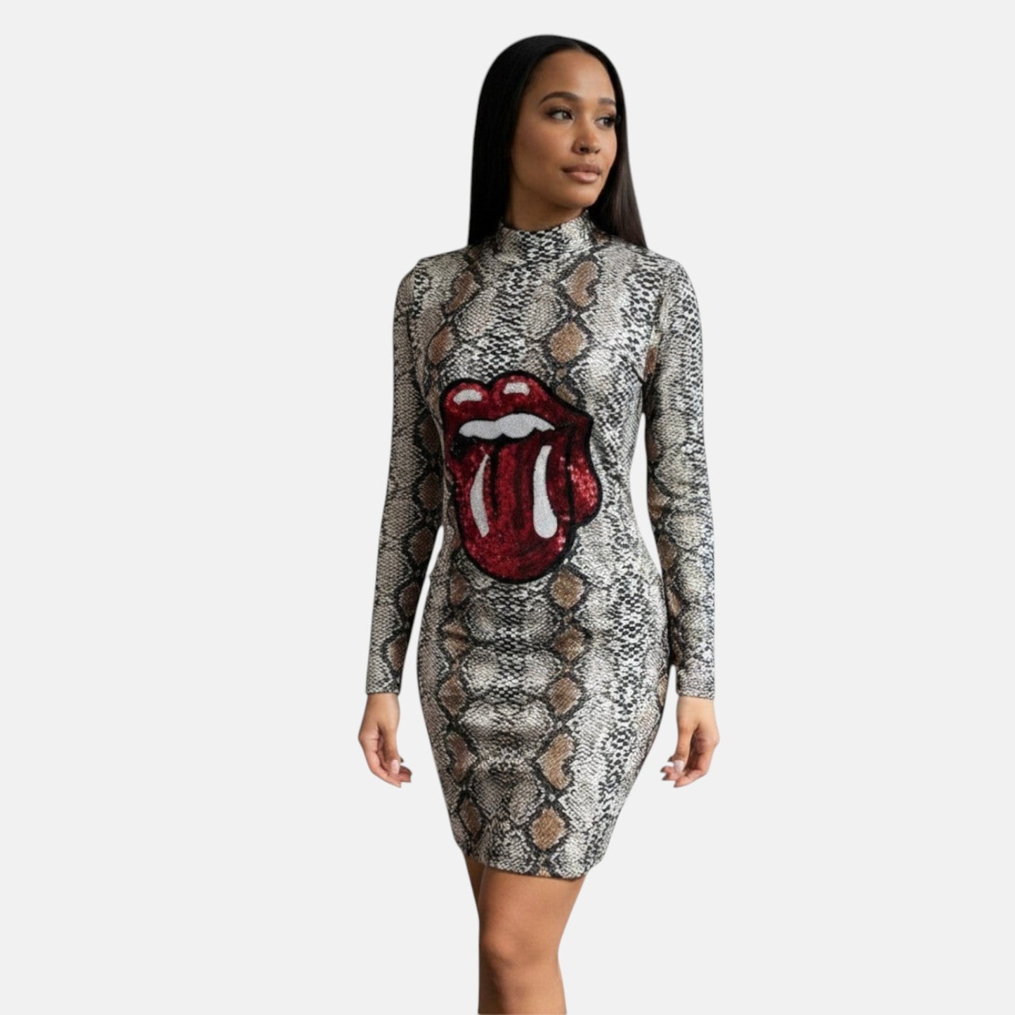 Omayra Boutique snake print sheath dress with red sequin lips and tongue graphic. Long sleeves, mock neck.