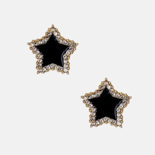 Omayra Boutique gold and black star crystal stud earrings with push back closure.