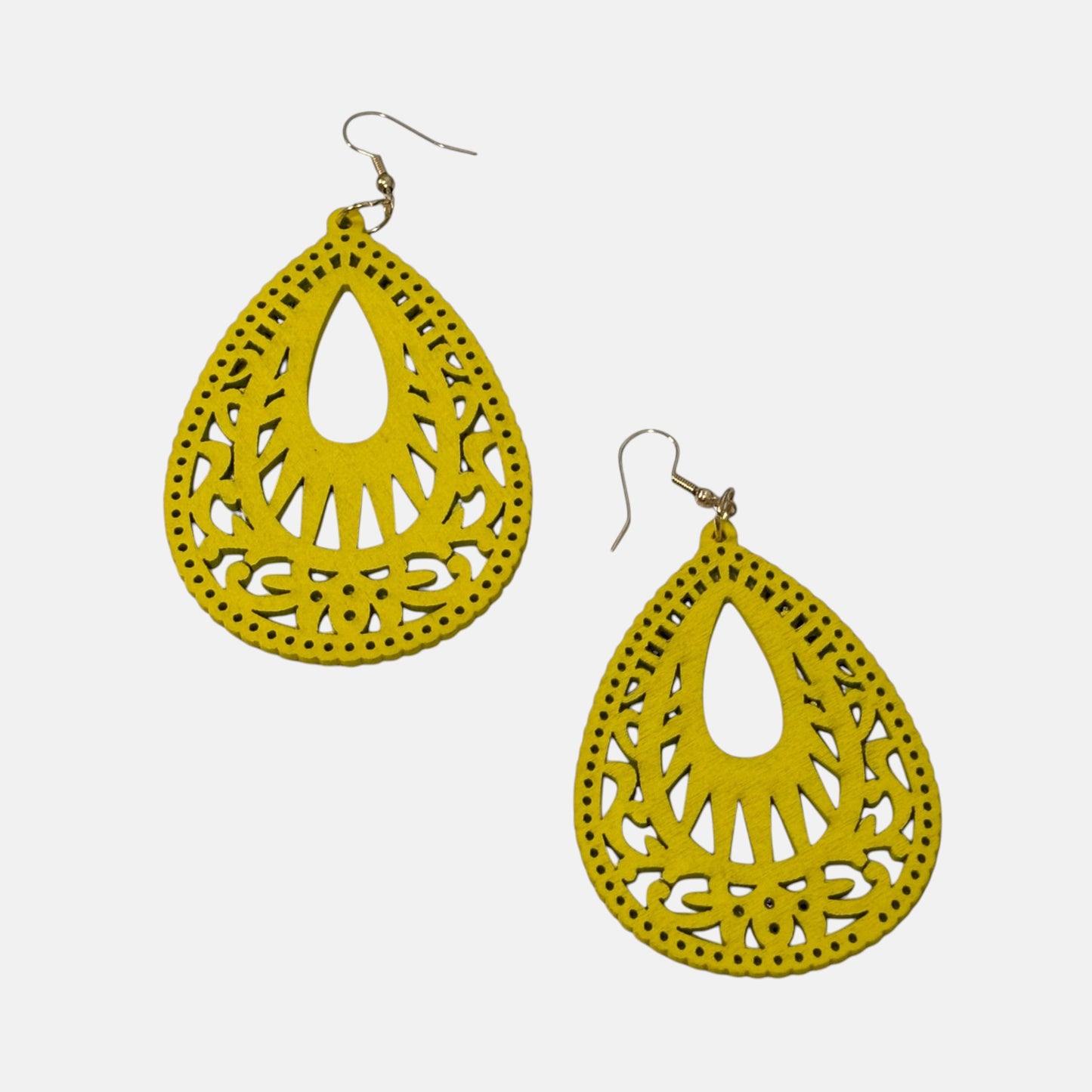 Omayra Boutique yellow wood drop earrings with hollow-out water droplet design, 2 1/2 inches long.