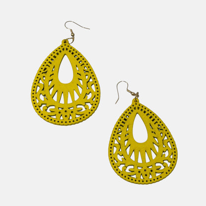 Omayra Boutique yellow wood drop earrings with hollow-out water droplet design, 2 1/2 inches long.