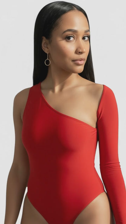 Red One-Shoulder Long Sleeve Bodysuit