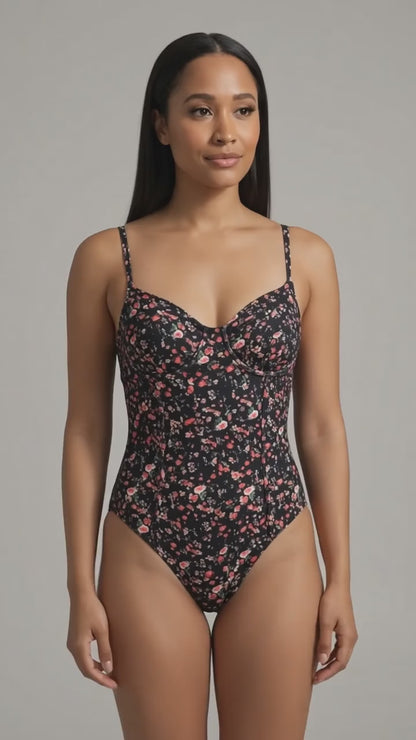 Black Boho Floral Spaghetti Strap Bodysuit