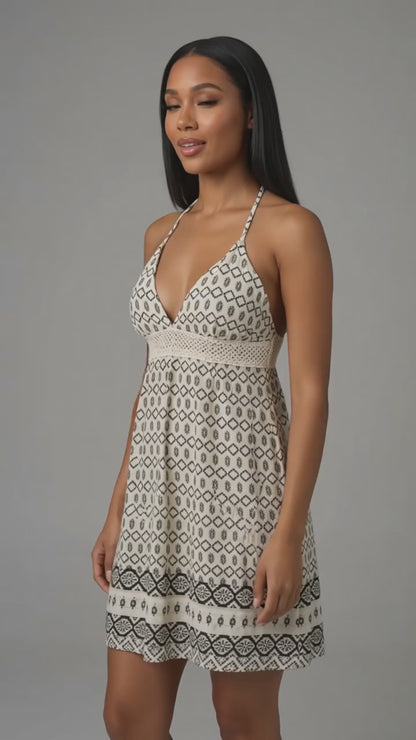 Beige & Black Boho Mini Dress