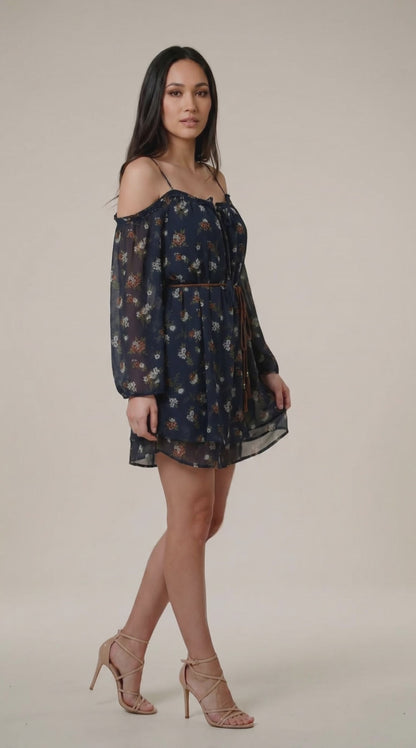 Elegant Navy Blue Floral Short Dress