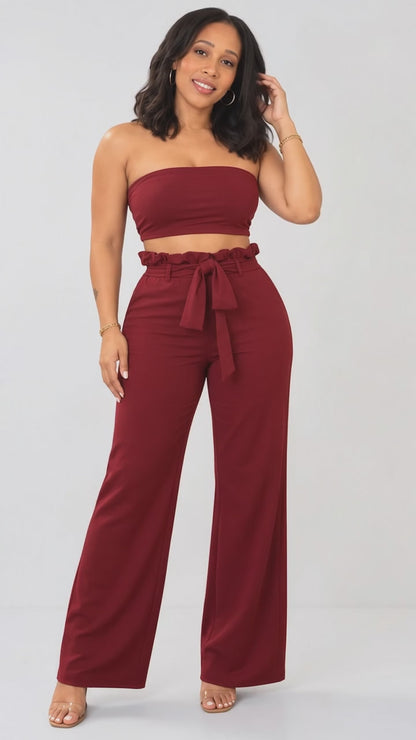 Burgundy Strapless Two-Piece Pant Set