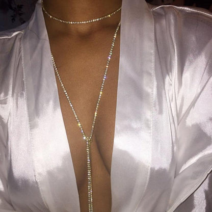 Multi Row Full Crystal Silver Necklace