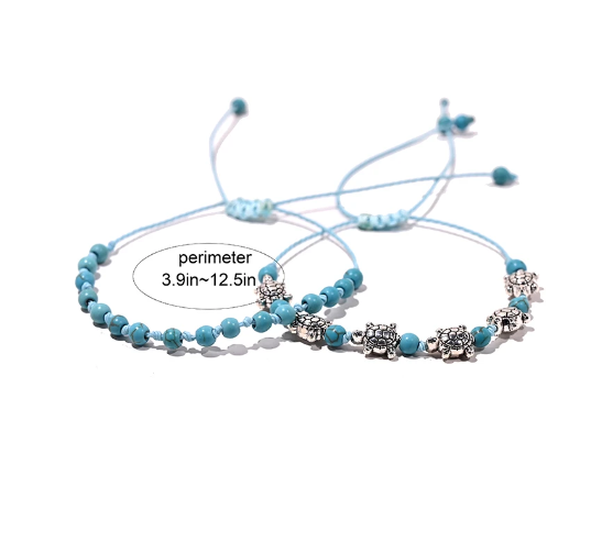 Pulsera de tobillo con forma de tortuga bohemia hecha a mano y anudada de 2 piezas